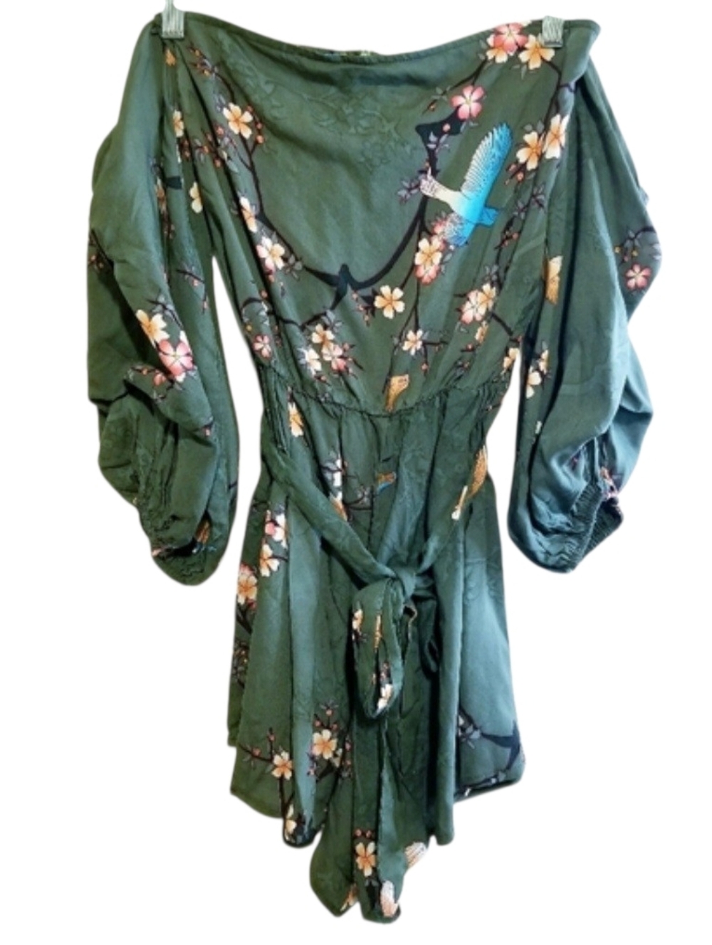 Anthropologie Jaase Olive Green Floral and Bird Print Off-Shoulder Boho Romper